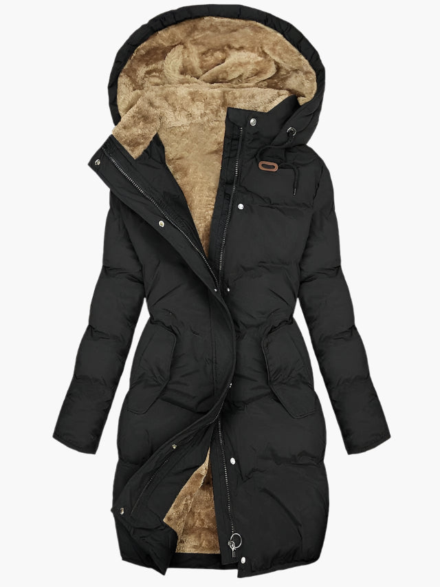Women’s black thermal-lined winter coat with hood, faux-fur lining, front zip