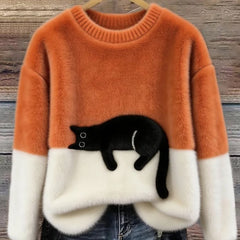 Orange and white cat print sweatshirt with long sleeves and crew neck