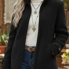 Black full-zip stand-collar lambswool-feel jacket with zip-front and side pockets