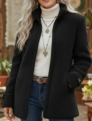 Black full-zip stand-collar lambswool-feel jacket with zip-front and side pockets