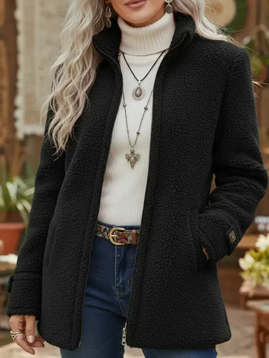 Black full-zip stand-collar lambswool-feel jacket with zip-front and side pockets
