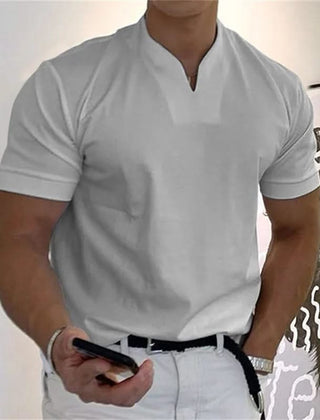 Men's short-sleeve V-neck fitness tee in light grey, with front button placket