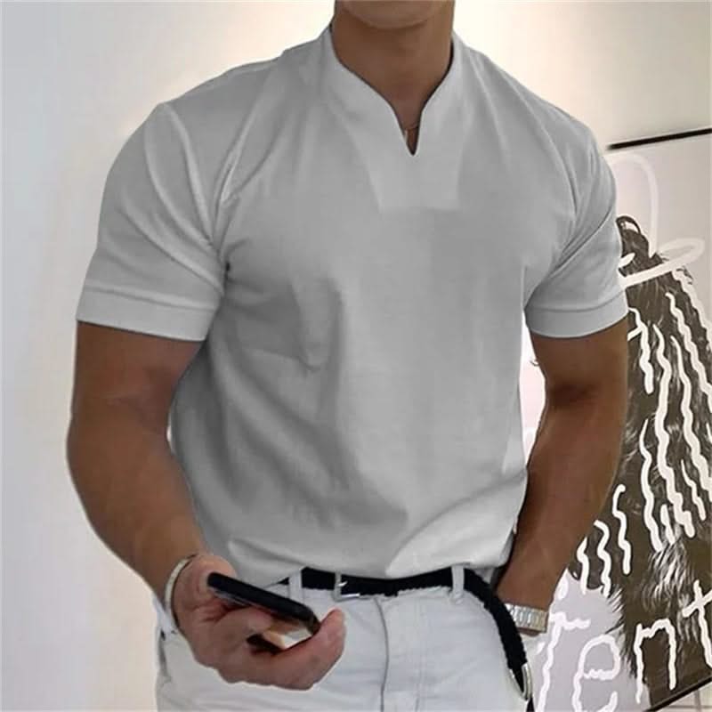 Men's short-sleeve V-neck fitness tee in light grey, with front button placket