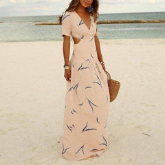 Apricot long dress with V-neck and short sleeves, blue abstract print, side tie detail