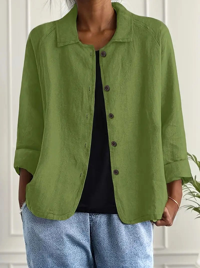 Moss green button-front blouse with collar and long sleeves