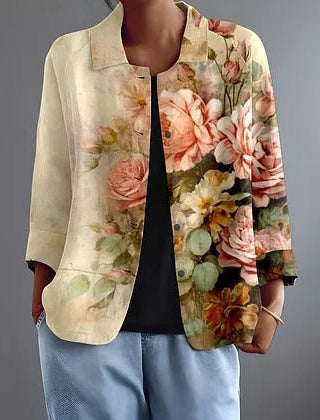 Floral painted rose blouse with cream background, 3/4 sleeves, open-front design