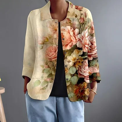 Floral painted rose blouse with cream background, 3/4 sleeves, open-front design
