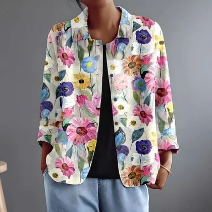 Floral painted daisy blouse, open front with collar, 3/4 sleeves, multicolor on light background