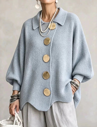 Oversized light blue collared button cardigan with long balloon sleeves and round buttons
