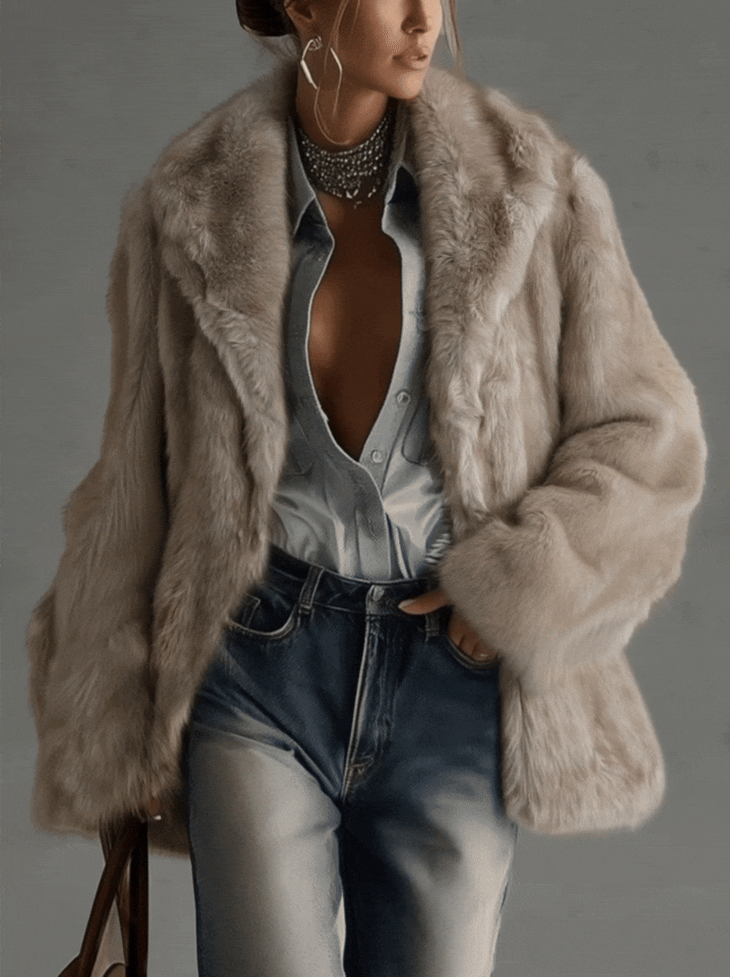Taupe faux fur oversized long sleeve coat with open front and plush textured fur