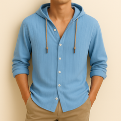Light blue hooded shirt jacket worn, button front and drawstring hood ties