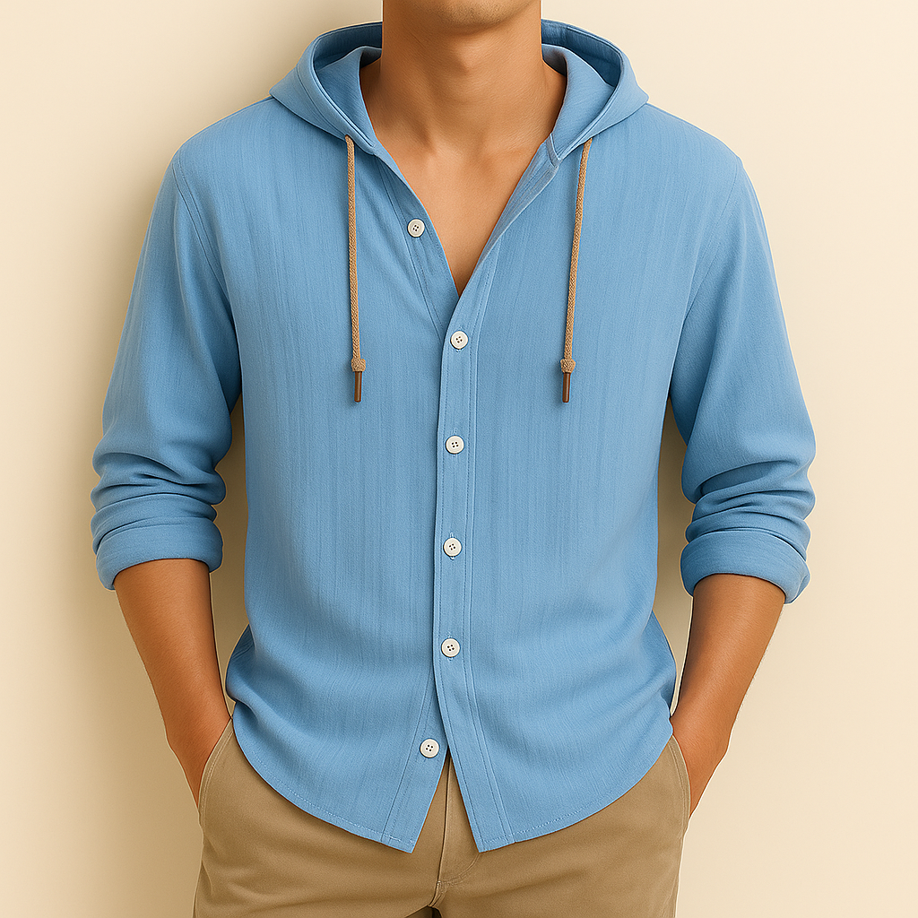Light blue hooded shirt jacket worn, button front and drawstring hood ties