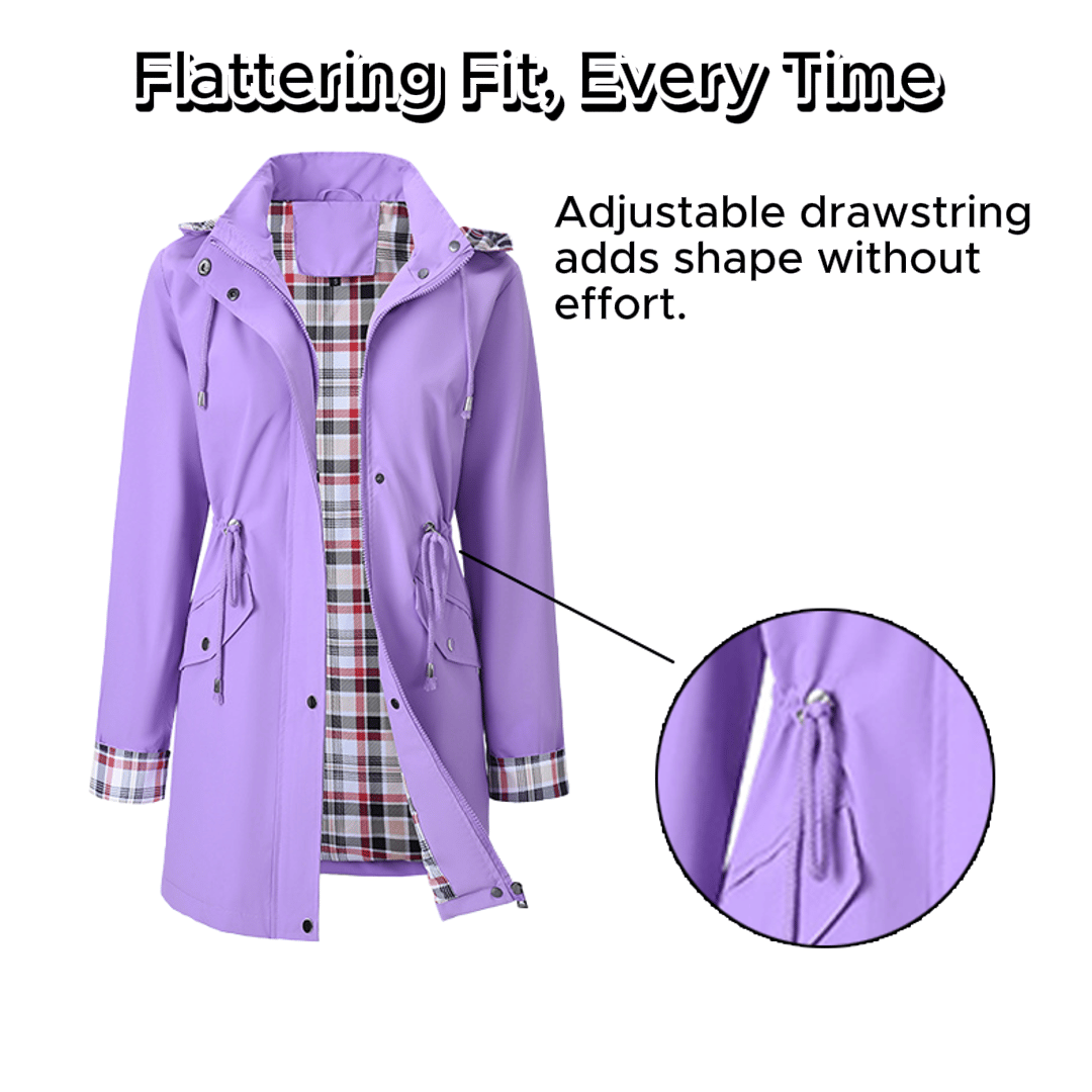 Lavender women’s 3-in-1 jacket showing adjustable hood drawstring and plaid inner lining.