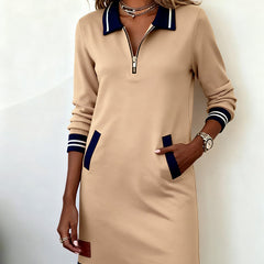 Beige long-sleeve dress with quarter-zip, contrast collar, side patch pocket accents