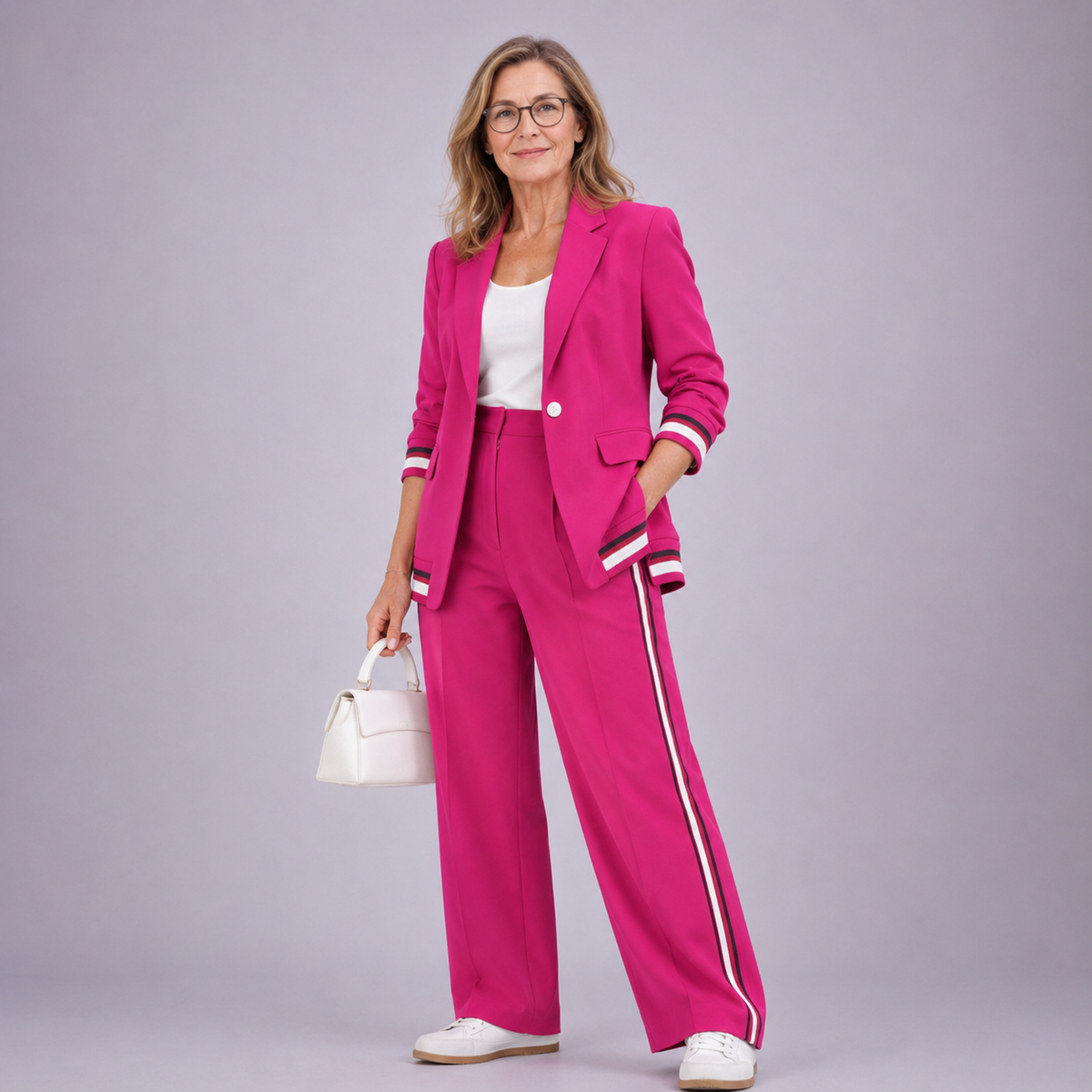 Fuchsia pink casual suit set with blazer and matching wide-leg trousers, side stripe trim.