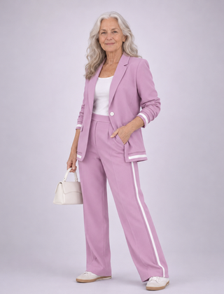 Rose pink casual suit set with blazer and matching wide-leg trousers, side stripe trim.