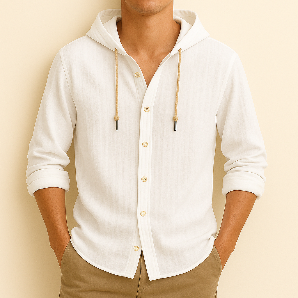 White hooded shirt jacket worn, button front and drawstring hood ties