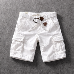 White cargo shorts with drawstring waistband and cargo pockets