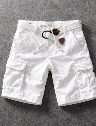White cargo shorts with drawstring waistband and cargo pockets