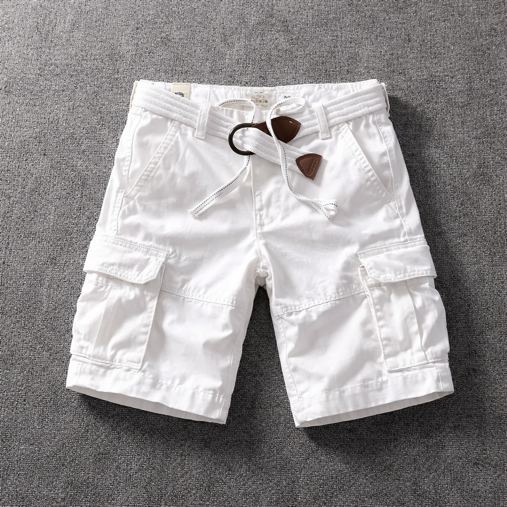 White cargo shorts with drawstring waistband and cargo pockets