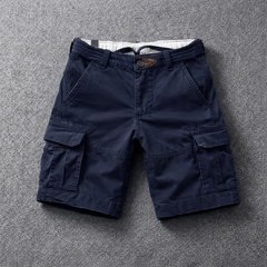 Navy cargo shorts with button fly and side cargo pockets
