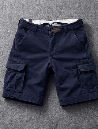 Navy cargo shorts with button fly and side cargo pockets