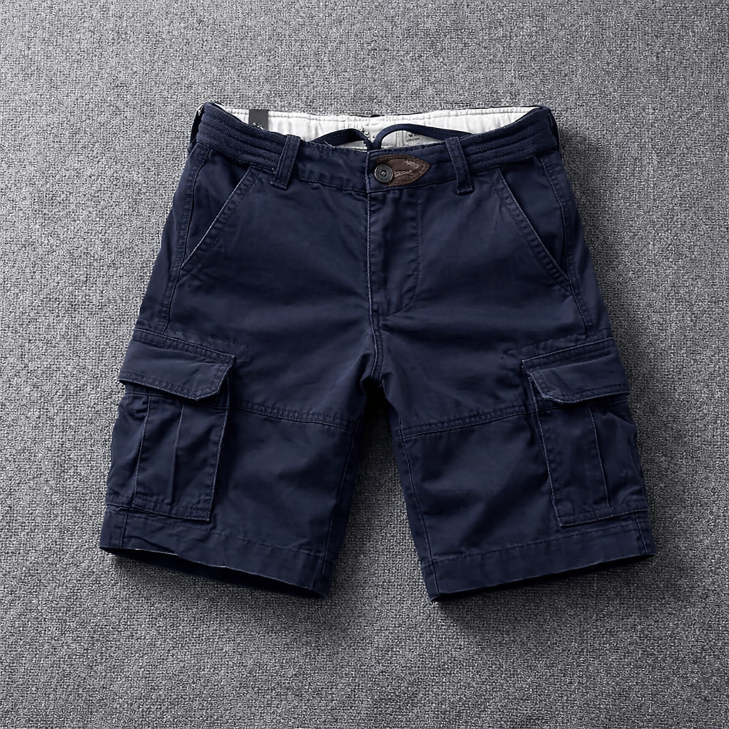 Navy cargo shorts with button fly and side cargo pockets