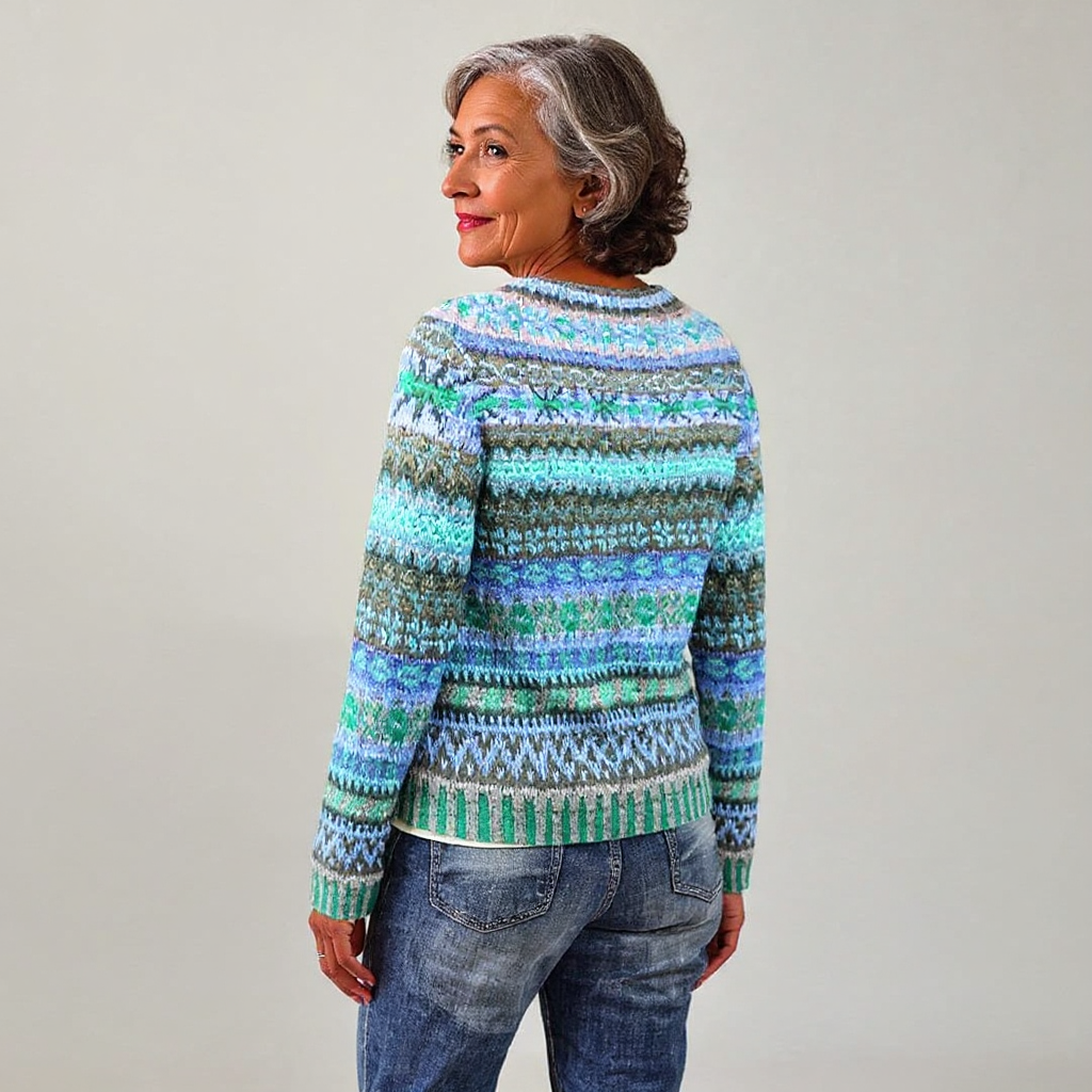 Back view wool crewneck sweater with multicolor striped knit and long sleeves