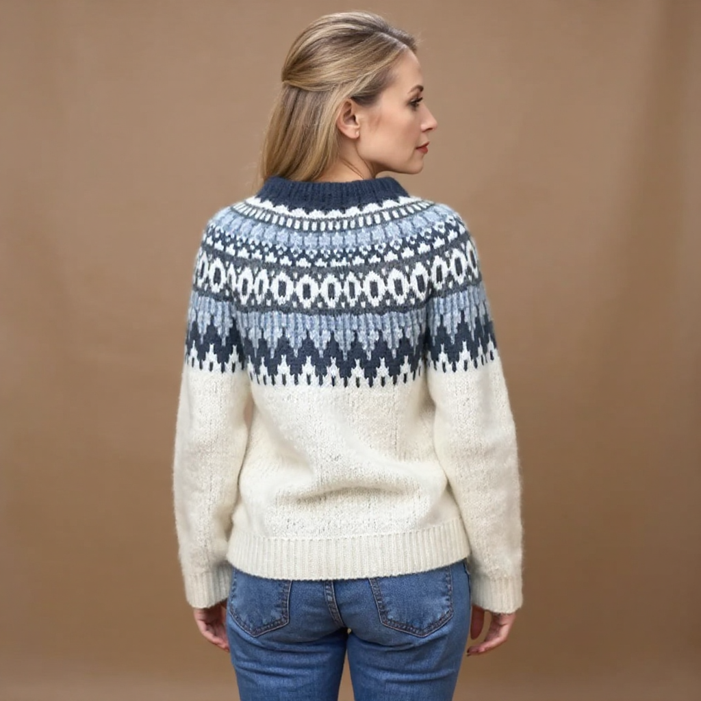 Cream and navy fair-isle knit sweater, crew neck, ribbed hem and cuffs