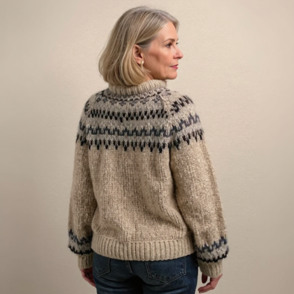 Handcrafted Icelandic knit sweater, beige with navy fair isle pattern along yoke and cuffs