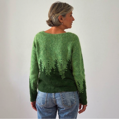 Monique™ retro wool sweater, green back view with dark tree motif, crew neckline