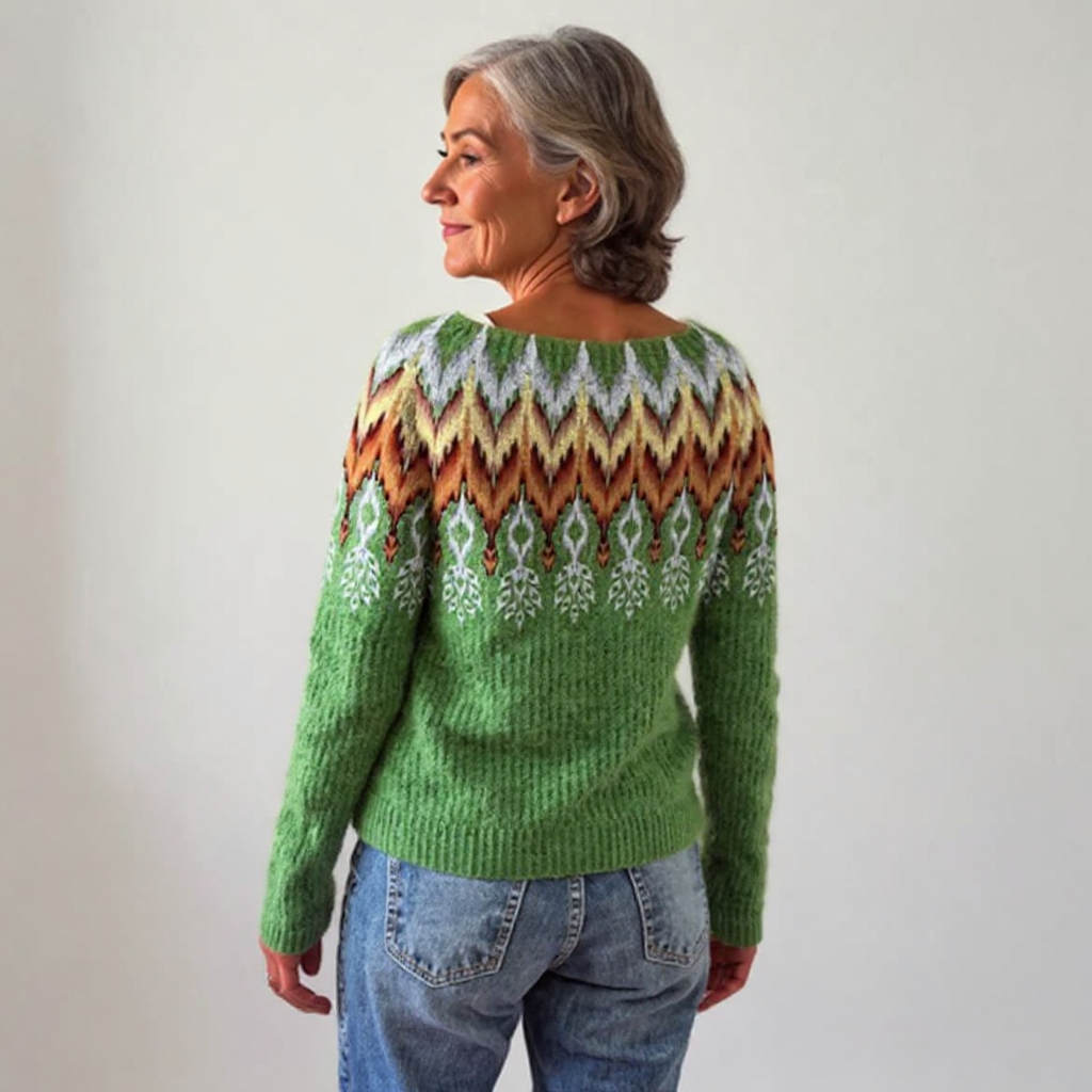 Green retro wool sweater with crew neck, long sleeves, fair isle zigzag pattern; back