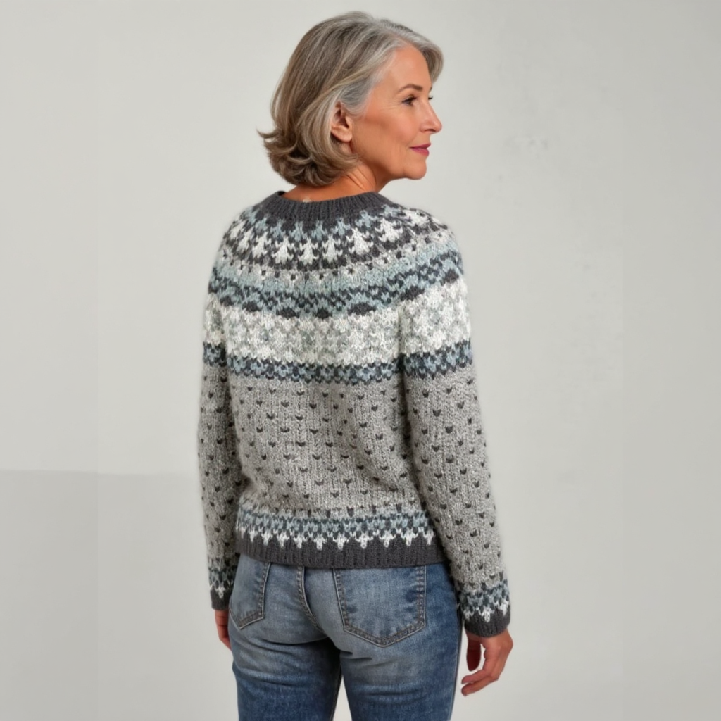 Wool knit crewneck sweater, side view, gray and white with blue fair isle bands.