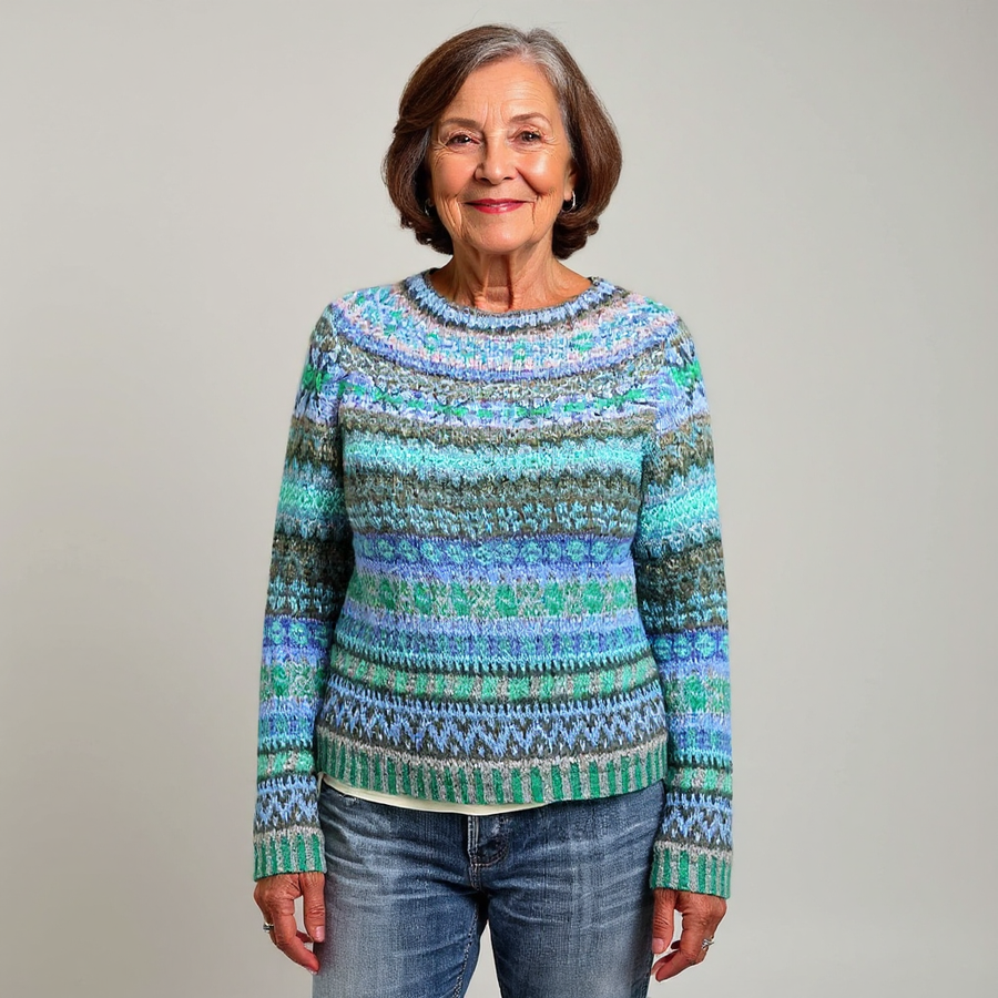 Wool retro crewneck sweater with teal, blue, green and gray striped knit, long sleeves