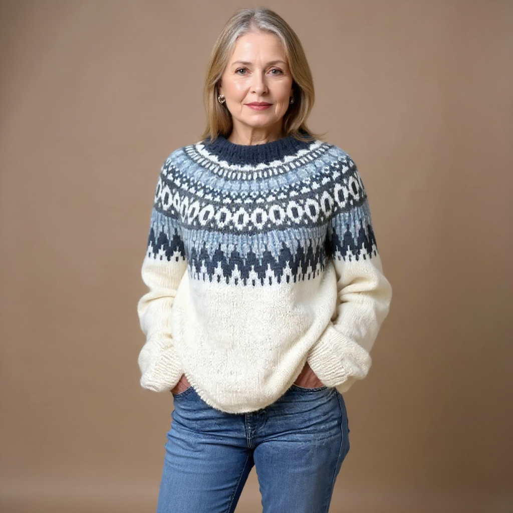 Cream and navy fair-isle knit sweater with crew neckline and ribbed sleeve cuffs