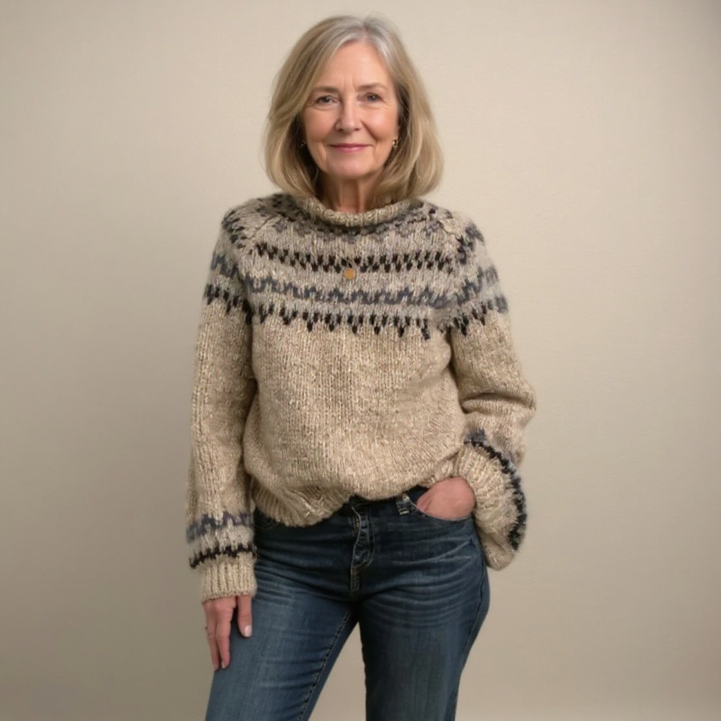 Handcrafted Icelandic knit sweater with beige body, navy fair isle stripe yoke, cuff detail