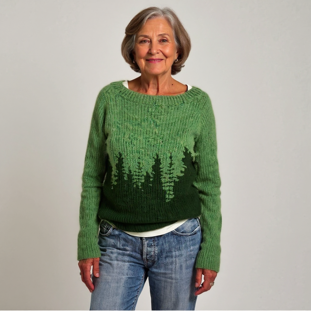 Monique™ retro wool sweater in green, long sleeves, dark forest pattern on front