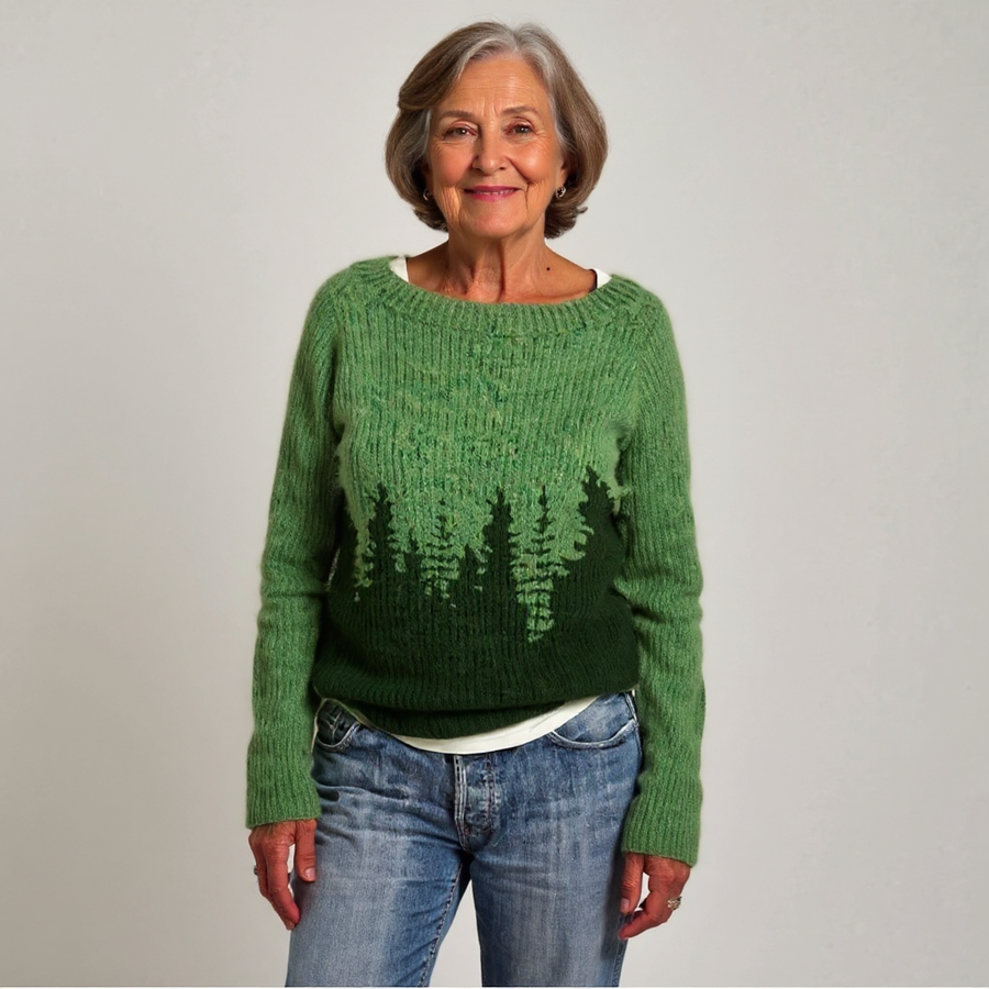 Monique™ retro wool sweater in green, long sleeves, dark forest pattern on front