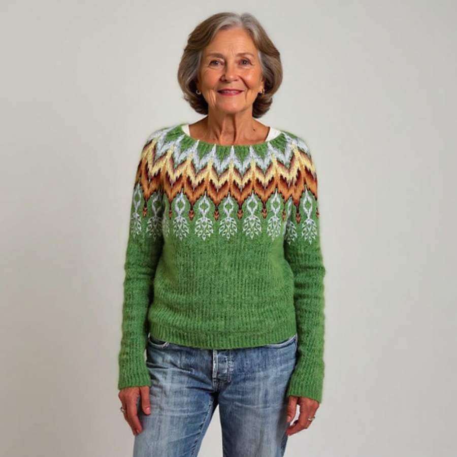 Green retro wool sweater with crew neck, long sleeves, chevron and fair isle pattern