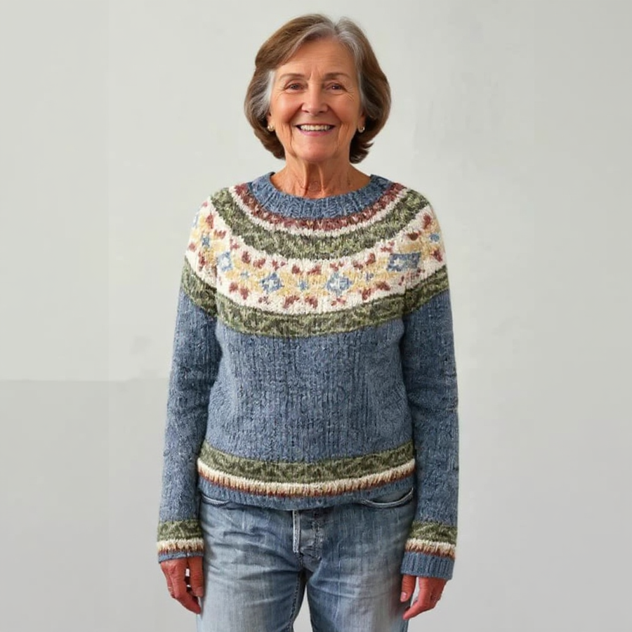 Wool crewneck retro sweater with multicolor yoke band and striped cuffs, long sleeves