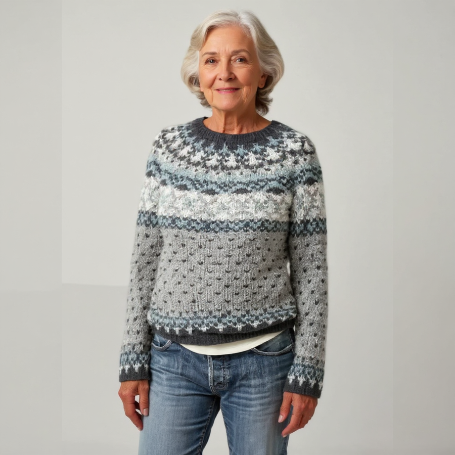 Wool knit crewneck sweater with fair isle knit and bands in gray, white, and blue.