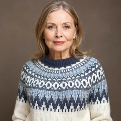 Fair-isle knit sweater with dark navy and cream patterned yoke and crew neckline