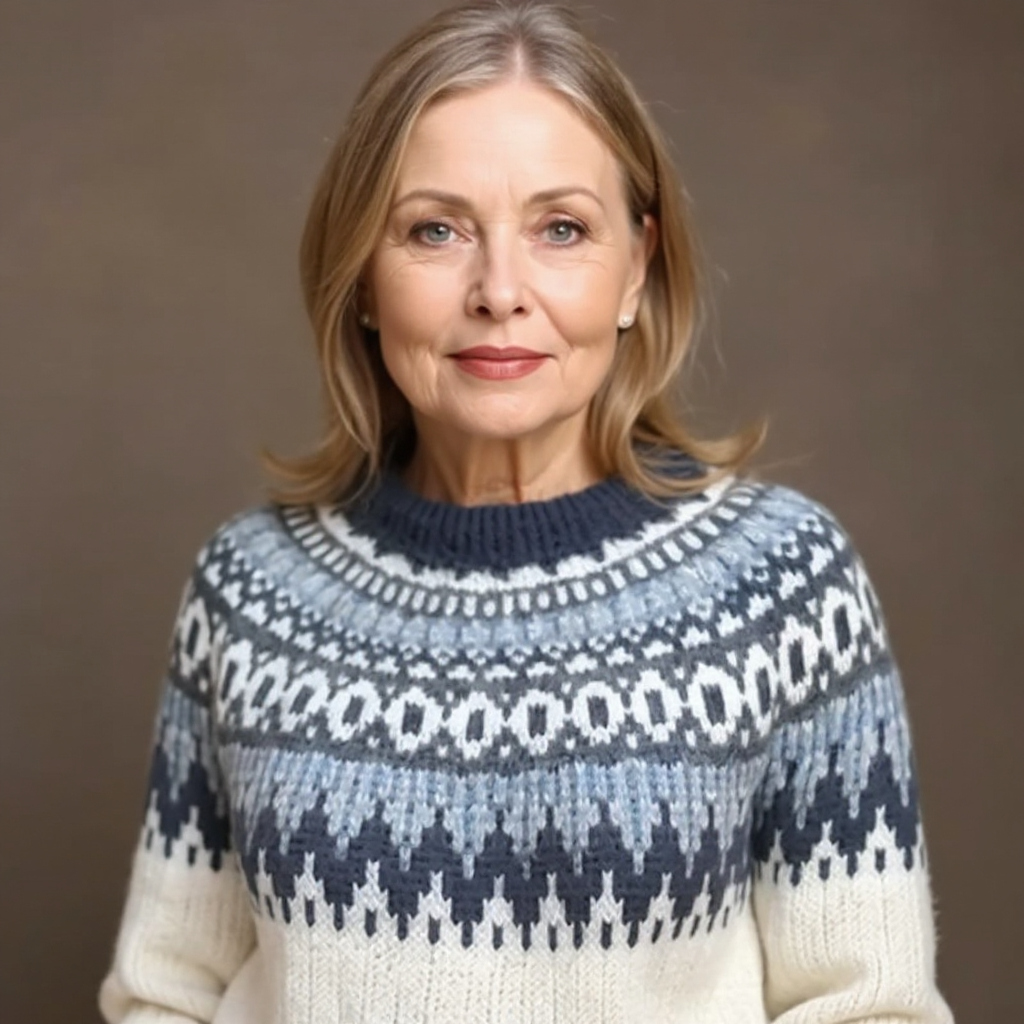 Fair-isle knit sweater with dark navy and cream patterned yoke and crew neckline