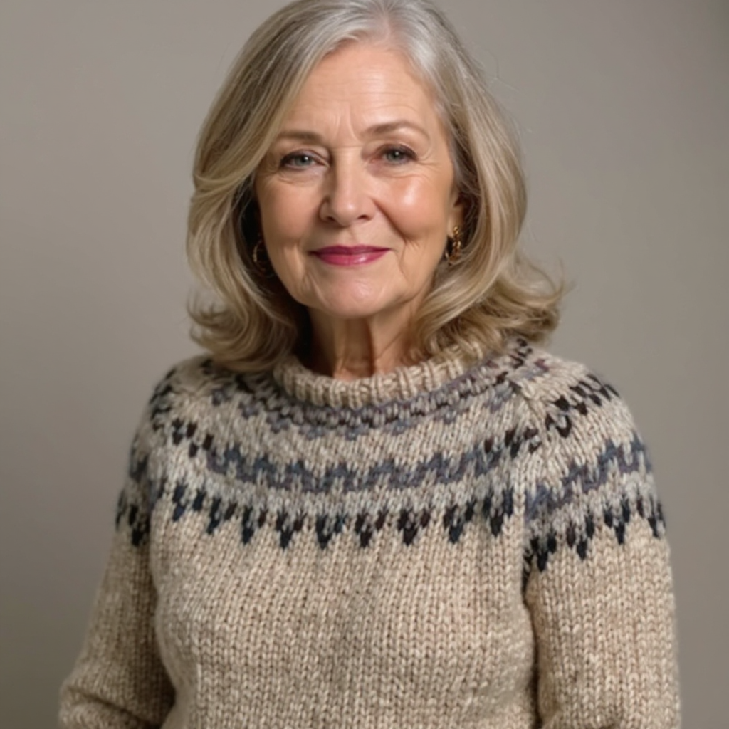 Handcrafted Icelandic knit sweater neckline, beige knit with navy fair isle bands