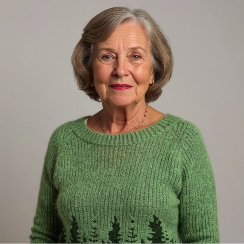 Monique™ retro wool sweater close-up, green crewneck with dark tree intarsia