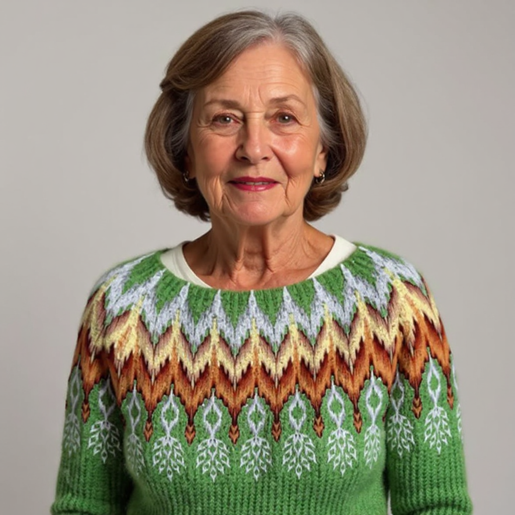 Green wool sweater with crew neck and fair isle pattern across chest; close-up