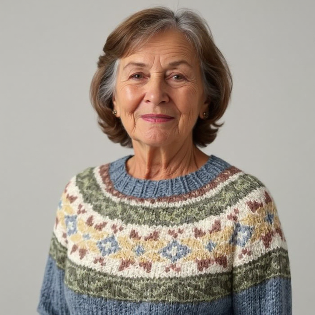 Wool crewneck sweater close-up with multicolor Fair Isle yoke and ribbed neckline