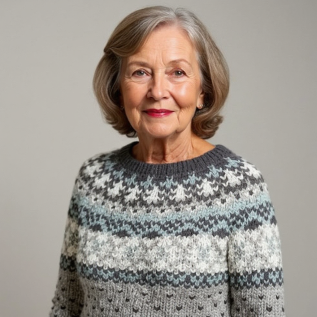 Wool knit sweater close-up with textured stitch and fair isle motifs in gray, white, blue.