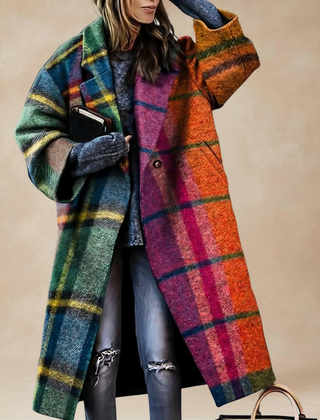 Oversized long coat with multicolor plaid and button front, relaxed drop-shoulder sleeves