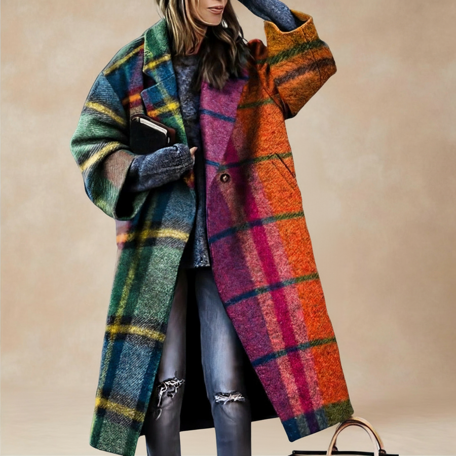 Oversized long coat with multicolor plaid and button front, relaxed drop-shoulder sleeves